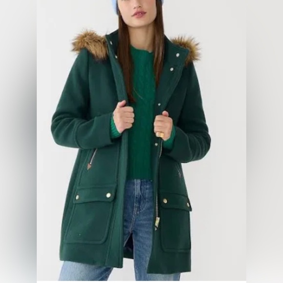 J CREW “CHATEAU” wool blend coat w faux fur trimmed hood - Picture 2 of 10